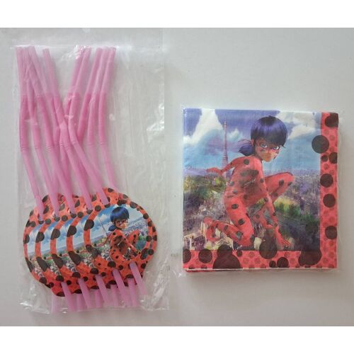Lot de serviettes en papier et de pailles au décor de Lady Bug