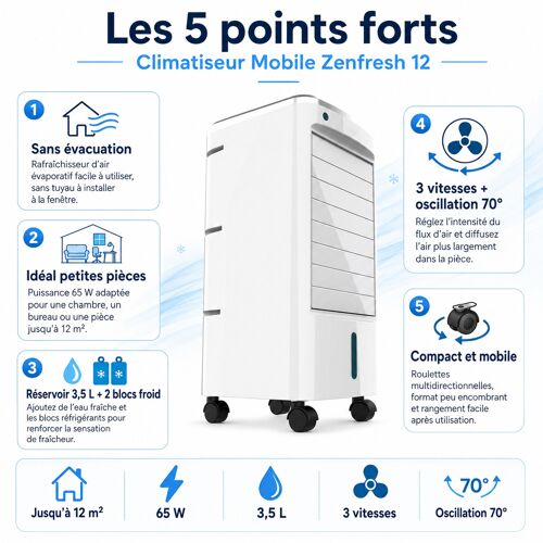 Climatiseur Mobile sans évacuation Zenfresh 12, rafraîchisseur d’air 65 W, 3,5 L, 3 vitesses, roues, jusqu’à 12 m² – Straße Tech