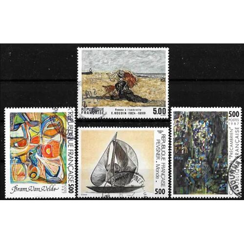 France 1987, Série Artistique, Beaux Timbres Yvert 2473 Oeuvre De Bram Van Velde, 2474 "Femme À L'ombrelle" Par Boudin, 2493 "Précambrien" Par Camille Bryen Et 2494 "Monde" Par Pevsner, Oblitérés, Tbe