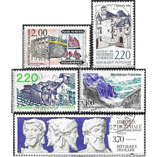 France 1988, Série Touristique, Beaux Timbres Oblitérés Yvert 2545 Musée Du Bateau Douarnenez, 2546 Chateau De Sedières 2547 Cirque De Gavarnie, 2548 Hermès Dicéphale De Fréjus Et 2550 Pérouges.