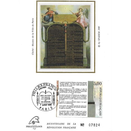 France 1989, Très Belle Carte 1er Jour, Timbre Yvert 2599, Bicentenaire De La Révolution Française, Articles 12 À 17 De La Déclaration Des Droits De L'Homme, Cachet De Paris.
