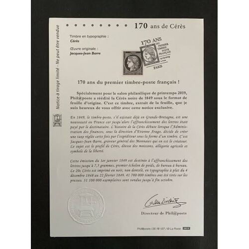 Salon Philatélique De Printemps : 170 Ans Du 1er Timbre Poste Français : Cérès Non Dentelé : Notice D'Accompagnement De Feuillet Avec Timbre Année 2019 N° 5305a Yvert Et Tellier (Oblitéré)