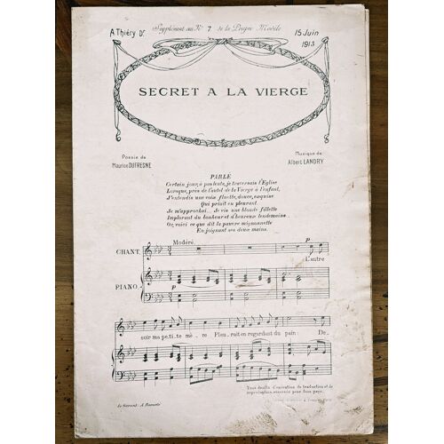 Partition Piano Et Chant - Secret À La Vierge - Poésie De Maurice Dufresne - Musique De Albert Landry - Supplément Au N° 7 De La Poupée Modèle 15 Juin 1913