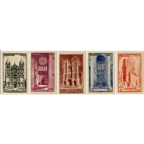 France 1944, Très Belle Série Neuve** Luxe Yvert 663 À 667, Au Profit De L'entraide Française, Cathédrales D' Angoulème, Chartres, Amiens, Beauvais Et Albi.