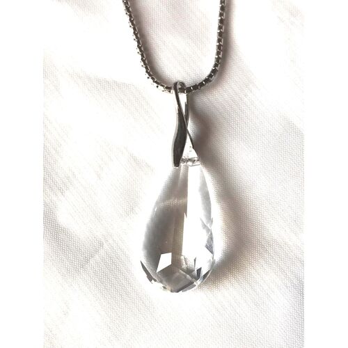 Collier Pendentif Larme Cristal Ovale Translucide Blanc Bijou Argent 925 Rhodié Fantaisie Femmes