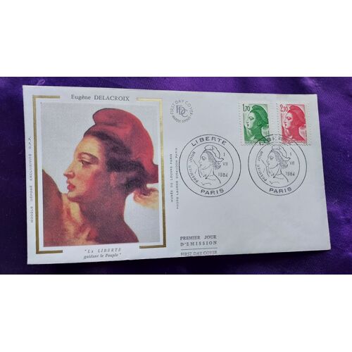 Enveloppe Premier Jour Eugène Delacroix La Liberté Paris I Vii 1984 2 Timbres 1.70 Et 2.10 Fr Illustration Soie 9.3 X 16 Cm