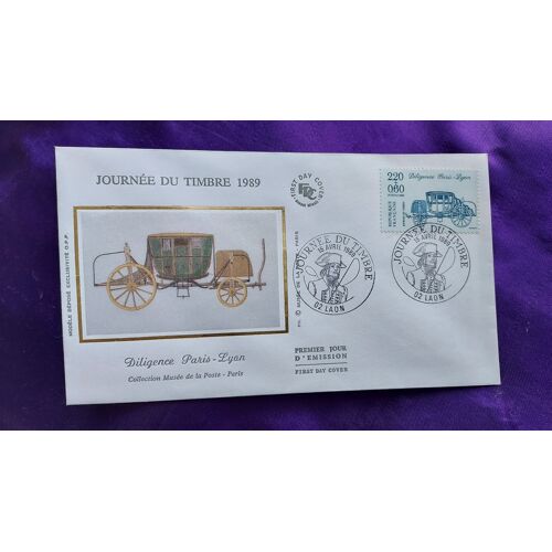 Enveloppe Premier Jour Journée Du Timbre 1989 Diligence Paris Lyon 02 Laon 15 Avril 1989 Timbre 2.20 + 0.60 Fr Illustration Soie 9.3 X 16 Cm