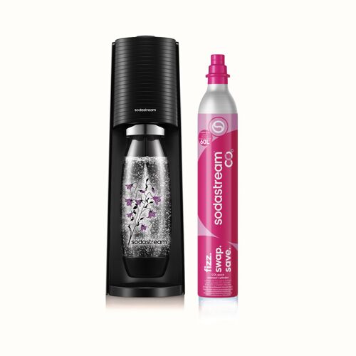 Machine à eau pétillante Terra noire avec bouteille noire fleurs violettes SODASTREAM