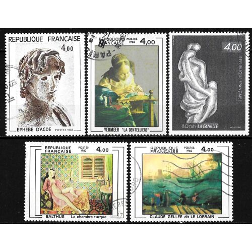 France 1982, Beaux Timbres Yvert 2210 L'éphèbe D'agde, 2211 Oeuvre Le Lorrain, 2231 "La Dentellière" Par Vermeer, 2234 "La Famille Par Boyan Et 2245 "La Chambre Turque" De Balthus, Oblitérés, Tbe.
