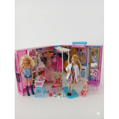 Grand Dressing Barbie transportable + 4 Poupées/Bébés & Nombreux Vêtements/Accessoires
