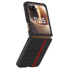 Coque pour Motorola Razr 70 Ultra Effet Fibres de Carbone Protection Rigide Noir / Rouge