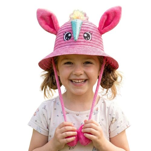Chapeau De Paille Licorne Enfant Fille À Oreilles Mobiles 3 À 8 Ans - Fushia