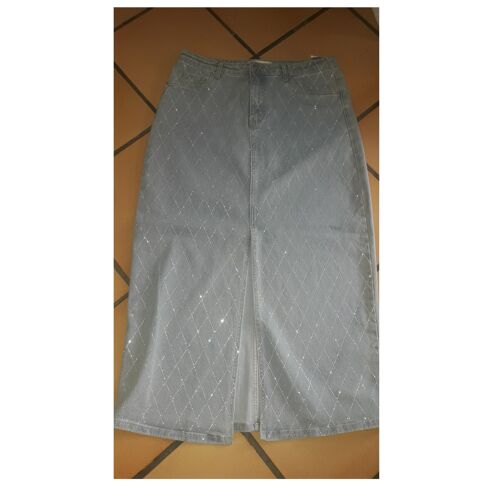 Jupe Jeans Strass Losange Longue Bleu Fendu 46
