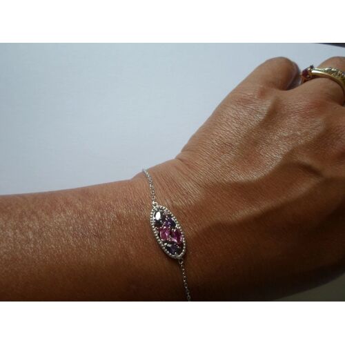Bracelet Argent Massif Ovale Pierres Roses Violettes Mj17
