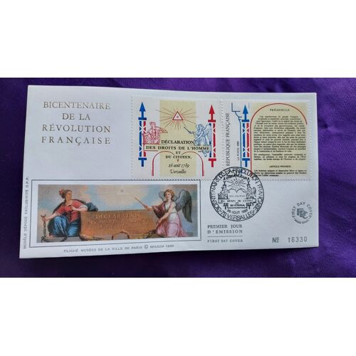 Enveloppe Premier Jour Déclaration Des Droits De L'Homme N° 16330 Versailles 25 Août 1989 Bicentenaire De La Révolution Française 9.3 X 16 Cm Illustration Soie 2 Timbres