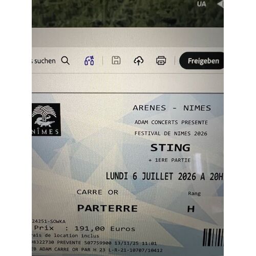 Une Billete Concert Sting À Nimes Le 6 Juillet 26