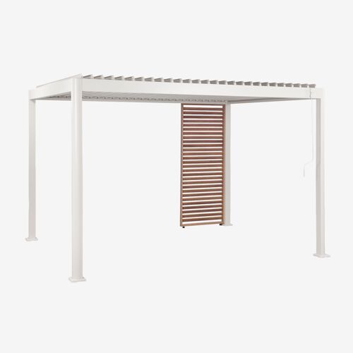 Pergola Bioclimatique En Aluminium Avec Lames Et Panneau Druvia Gardénia Blanc - Bois De Châtaignier Brun