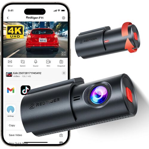 REDTIGER F11 Dashcam 4K avant - Caméra de voiture WiFi avec contrôle par application, vision nocturne, WDR, surveillance du stationnement 24 h, enregistrement en boucle, design compact