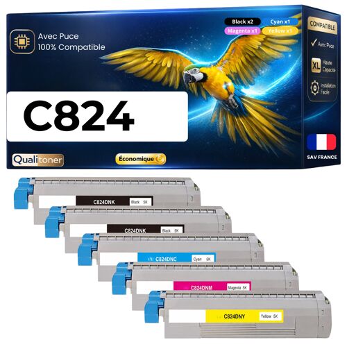 Pack 5 Toners compatibles 47095704 47095703 46861306 47095701 pour OKI C824 C834 C844 Noirs et Couleurs avec puce 25000 pages