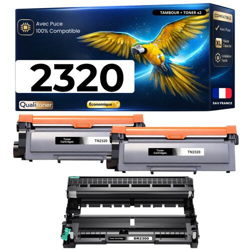 Pack 2 Toner TN2320 TN2310 + Tambour DR2300 compatible pour Brother Noir Haute capacité avec puce 2600 pages