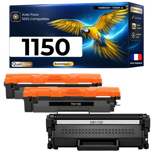 Pack 2 Toner + Tambour TN1150 TN 1150 TN-1150 DR1150 DR-1150 DR1150 compatible pour Brother Haute capacité avec puce