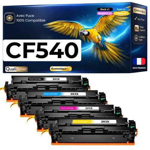 Pack 4 Toner CF540X CF541X CF542X CF543X 203X compatible pour HP Noirs et Couleurs Haute capacité avec puce