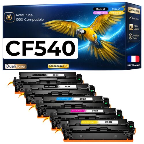 Pack 5 Toner CF540X CF541X CF542X CF543X 203X compatible pour HP Noirs et Couleurs Haute capacité avec puce
