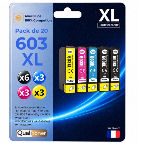 Pack de 20 Cartouches compatible pour Epson 603XL Noir et Couleurs Qualitoner