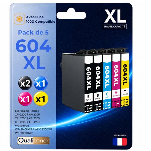 Pack de 5 Cartouches compatible pour Epson 604XL Noir et Couleurs Qualitoner