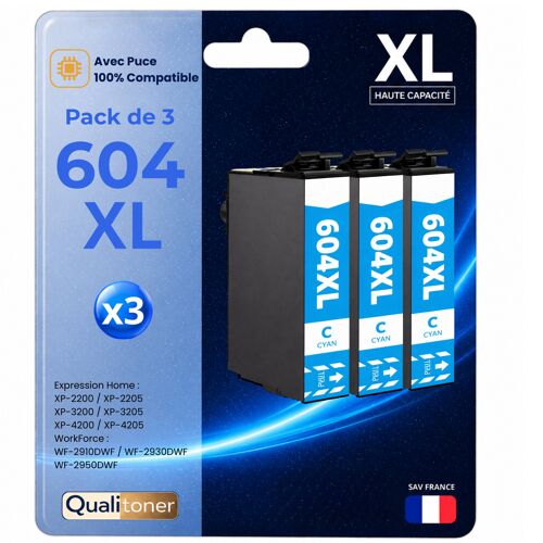 Pack de 3 Cartouches compatible pour Epson 604XL Cyan Qualitoner