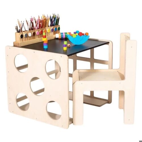 GINGER HOME Ensemble Montessori 2 en 1 Table Enfant avec Chaise et Cube d¿Escalade, Bois Naturel, 57x50x55 cm