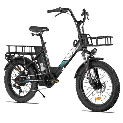 Vélo Électrique 20 Pouces Hiland, Moteur 250w, Batterie 36v 13ah, Transmission 7 Vitesses, Doubles Freins À Disque, Porte-Bagages Arrière, Vae Homme Femme, Noir