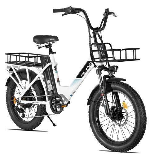 Vélo Électrique 20 Pouces Hiland, Moteur 250w, Batterie 36v 13ah, Transmission 7 Vitesses, Doubles Freins À Disque, Porte-Bagages Arrière, Vae Homme Femme, Blanc