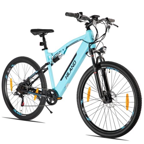 Vtt Électrique 27,5 Pouces Hiland Spokane, Double Suspension, Double Freins À Disque, 7 Vitesses, Cadre Acier, Pour Hommes Et Femmes, Bleu
