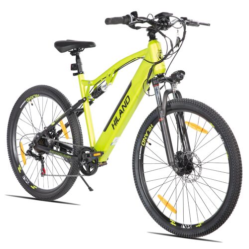 Vtt Électrique 27,5 Pouces Hiland Spokane, Double Suspension, Double Freins À Disque, 7 Vitesses, Cadre Acier, Pour Hommes Et Femmes, Vert