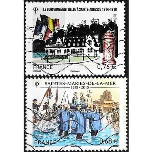 France 2015, Beaux Timbres Yvert 4933, Guerre De 1914 / 1918, Le Gouvernement Belge À Sainte Adresse, Et 4937, 700 Ans Des Saintes Maries De La Mer, La Procession De La Sainte Vierge, Oblitérés, Tbe