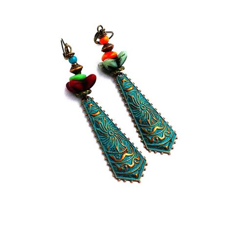 Boucles D'Oreilles Métal Cuivré Patiné, Corolles En Lucite, Verre
