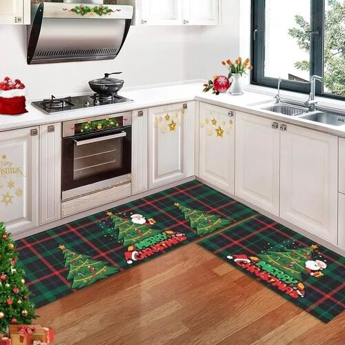 Lot De 2 Tapis De Cuisine Caromio - Motif Noël Sapin Et Flocons - Antidérapant - 40x60 Cm Et 40x120 Cm