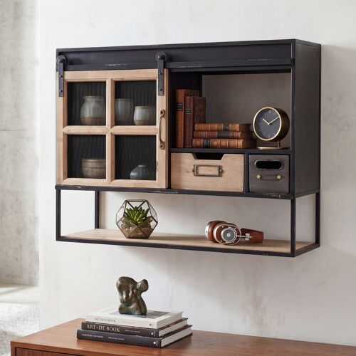 Étagère murale HWC-Q79, étagère suspendue, étagère flottante, tiroirs, compartiments de rangement, porte coulissante, style vintage shabby, bois et métal, 52 x 67 x 22 cm