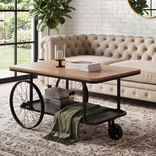 Table basse HWC-Q69, table d'appoint, table de salon, pneu, style industriel rétro, en bois, 54 x 100 x 60 cm   naturel, noir