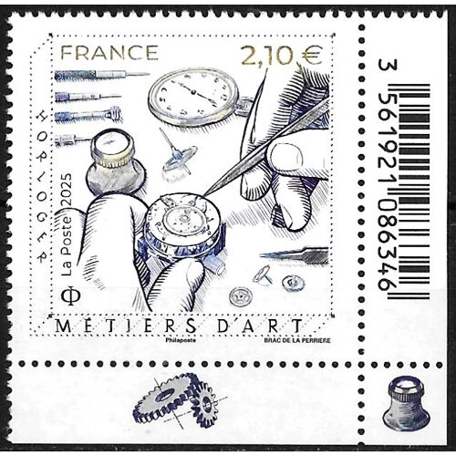 France 2025, Très Beau Timbre Neuf** Luxe Yvert 5944, Métiers D'Art, Horloger, 2.10 Euros Gris Bleu Et Doré, Bord De Feuille Avec Vignette Décorative.