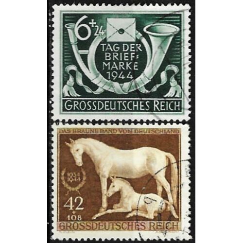 Allemagne, 3ème Reich 1944, Beaux Timbres Yvert 815, Journée Du Timbre, Motif Cor De Chasse Et 821, 11ème Course Hippique Du Ruban Brun, Motif Jument Et Son Poulain, Oblitérés, Tbe