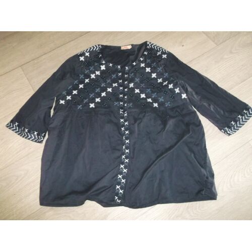 Veste Chemise Ddp Légère, Bleu Marine Et Décos Fleurs Brodées Cloutées Xxl Tbe