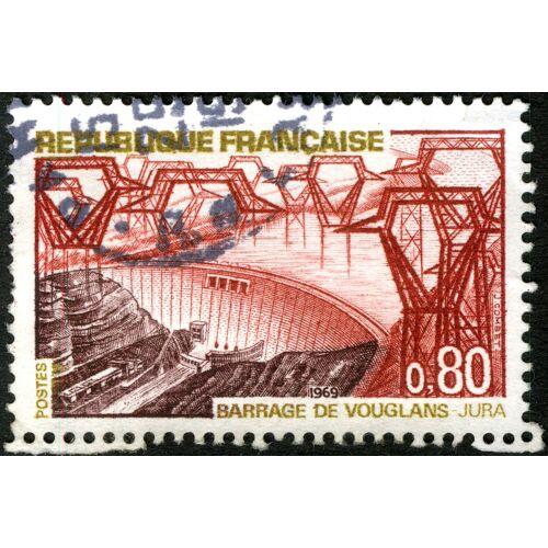 Timbre Oblitéré Barrage De Vouglans, Jura, 1969, République Française, Combet, Postes, 0,80