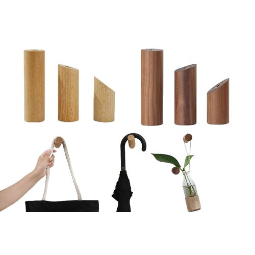 Lot de 6 crochets muraux en bois clair pour manteaux, chapeaux et sacs, vis et ruban adhésif inclus.