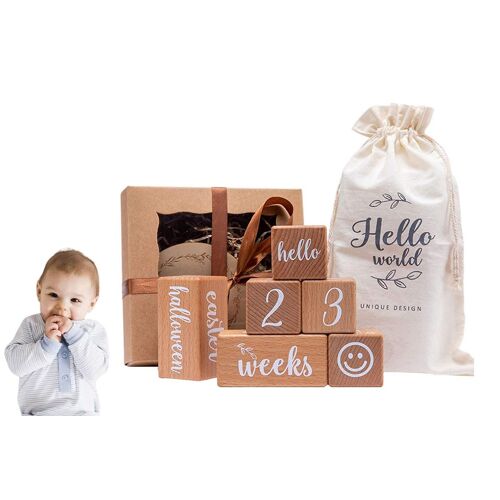 Ensemble de 6 blocs en bois pour enfants, idéal pour la photographie et le suivi de l'âge, avec sac de rangement.