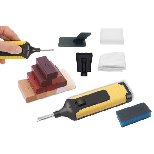 Kit de réparation pour parquets rayés et ébréchés, comprenant un stylo chauffant électrique et des blocs de cire.