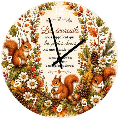 Horloge Murale Verre Écureuils et Citation Automnale 29 cm