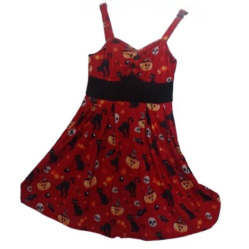 Robe Halloween Rouge (Citrouilles, Chats, Tête De Mort, Bonbon)