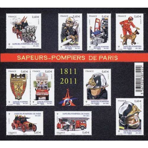 France 2011, Très Beau Bloc Feuillet Neuf** Luxe Yvert 4582, 10 Timbres Yvert 4582 À 4591, 200 Ans Des Sapeurs Pompiers De Paris.